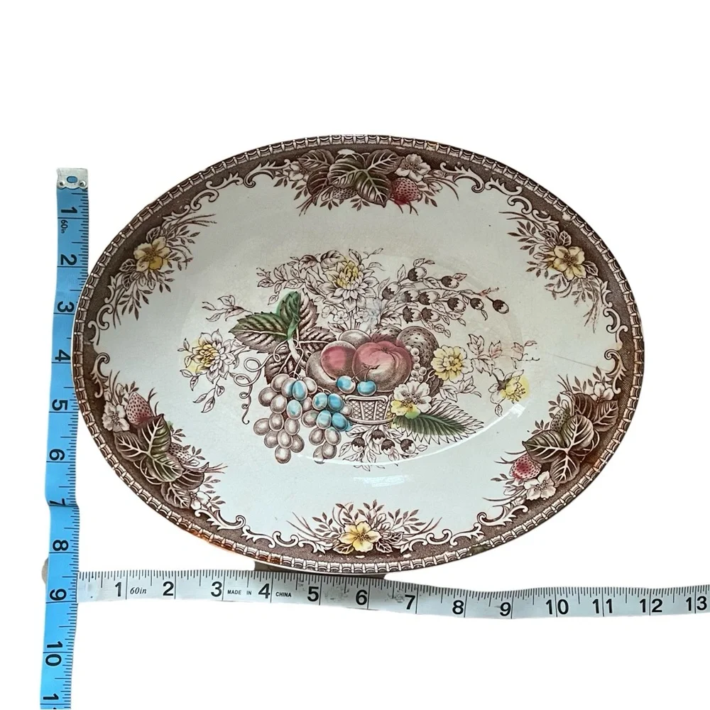 Vintage Made in Japan Oval Platter Brown Transferware Fruit Floral Serving Dish